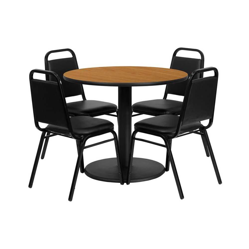 36'' Round Natural Laminate Table Set with Round Base and 4 Black Trapezoidal Back Banquet Chairs 36'' Round Natural Laminate Table Set with Round Base and 4 Black Trapezoidal Back Banquet Chairs
