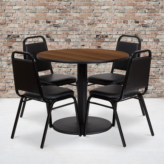 36'' Round Walnut Laminate Table Set with Round Base and 4 Black Trapezoidal Back Banquet Chairs