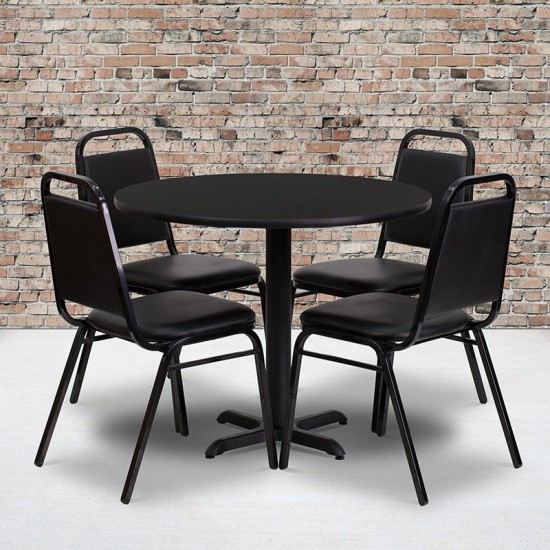 36'' Round Black Laminate Table Set with X-Base and 4 Black Trapezoidal Back Banquet Chairs