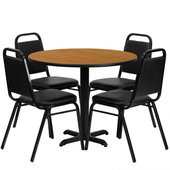 36'' Round Natural Laminate Table Set with X-Base and 4 Black Trapezoidal Back Banquet Chairs