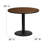 36'' Round Walnut Laminate Table Set with X-Base and 4 Black Trapezoidal Back Banquet Chairs