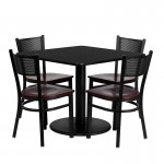 36'' Square Black Laminate Table Set with 4 Grid Back Metal Chairs - Mahogany Wood Seat