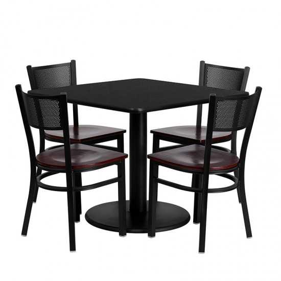 36'' Square Black Laminate Table Set with 4 Grid Back Metal Chairs - Mahogany Wood Seat