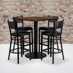 36'' Square Walnut Laminate Table Set with 4 Grid Back Metal Barstools - Black Vinyl Seat