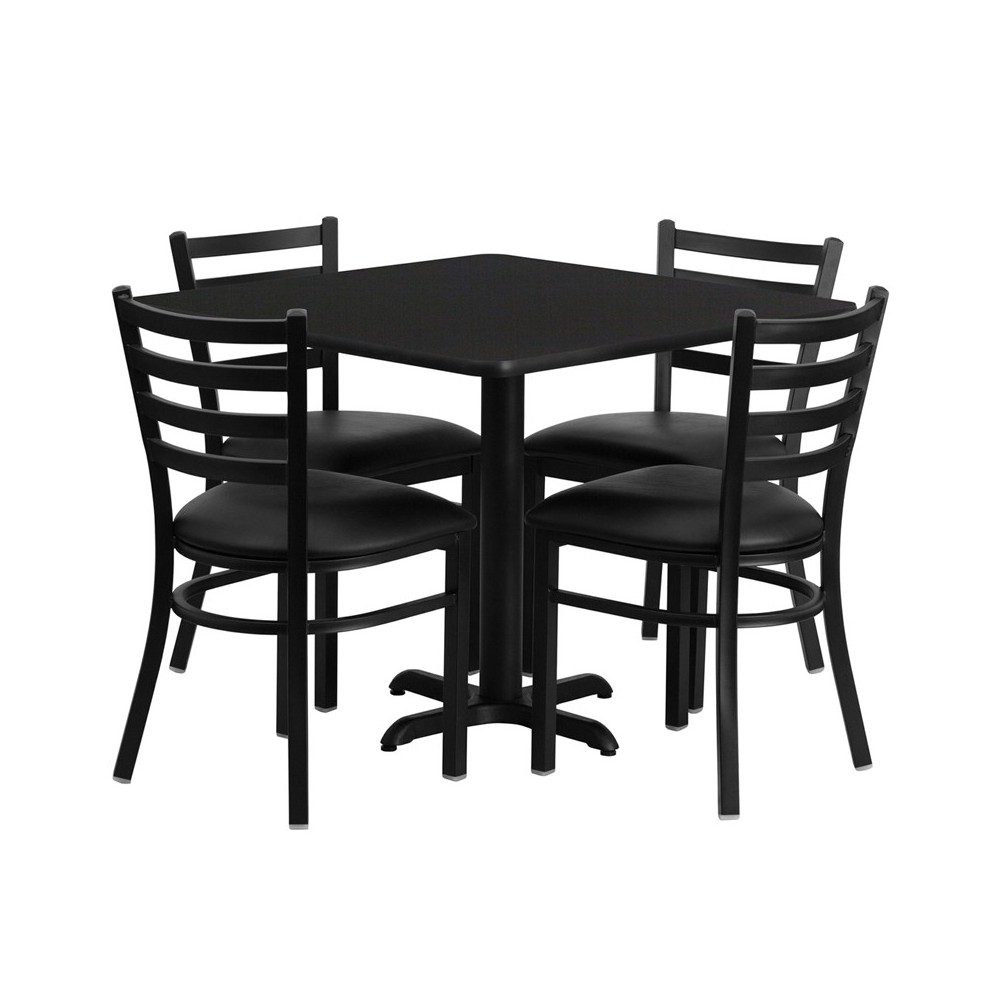 36'' Square Black Laminate Table Set with X-Base and 4 Ladder Back Metal Chairs - Black Vinyl Seat