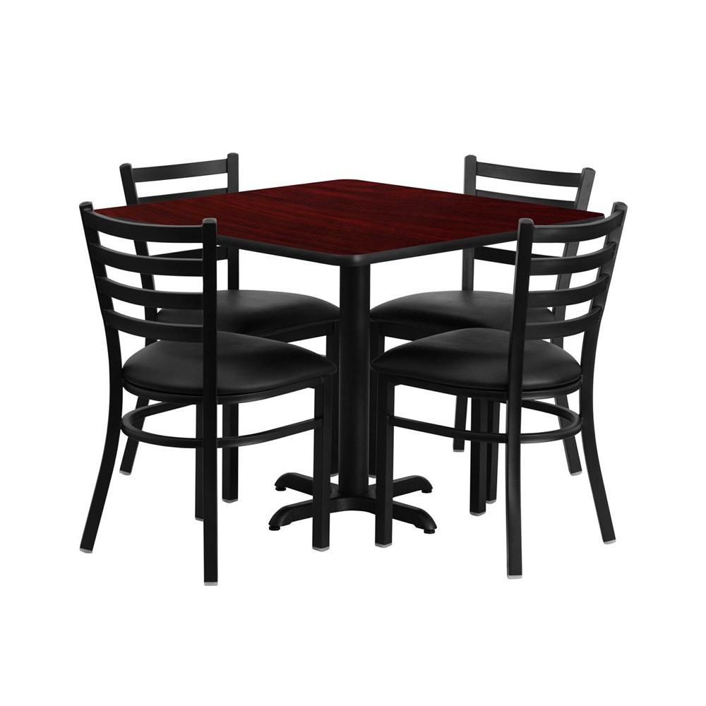 36'' Square Mahogany Laminate Table Set with X-Base and 4 Ladder Back Metal Chairs - Black Vinyl Seat 36'' Square Mahogany Laminate Table Set with X-Base and 4 Ladder Back Metal Chairs - Black Vinyl Seat