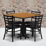 36'' Square Natural Laminate Table Set with X-Base and 4 Ladder Back Metal Chairs - Black Vinyl Seat