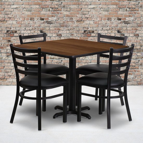 36'' Square Walnut Laminate Table Set with X-Base and 4 Ladder Back Metal Chairs - Black Vinyl Seat