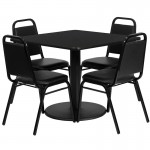 36'' Square Black Laminate Table Set with Round Base and 4 Black Trapezoidal Back Banquet Chairs