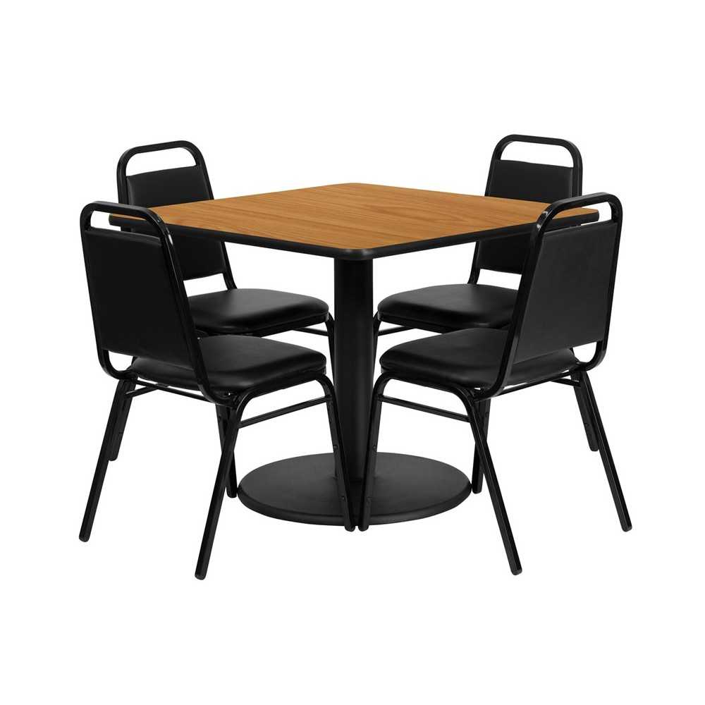 36'' Square Natural Laminate Table Set with Round Base and 4 Black Trapezoidal Back Banquet Chairs