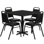 36'' Square Black Laminate Table Set with X-Base and 4 Black Trapezoidal Back Banquet Chairs