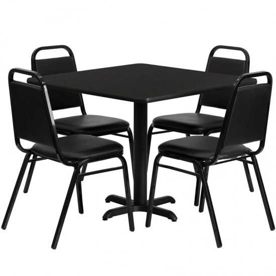 36'' Square Black Laminate Table Set with X-Base and 4 Black Trapezoidal Back Banquet Chairs