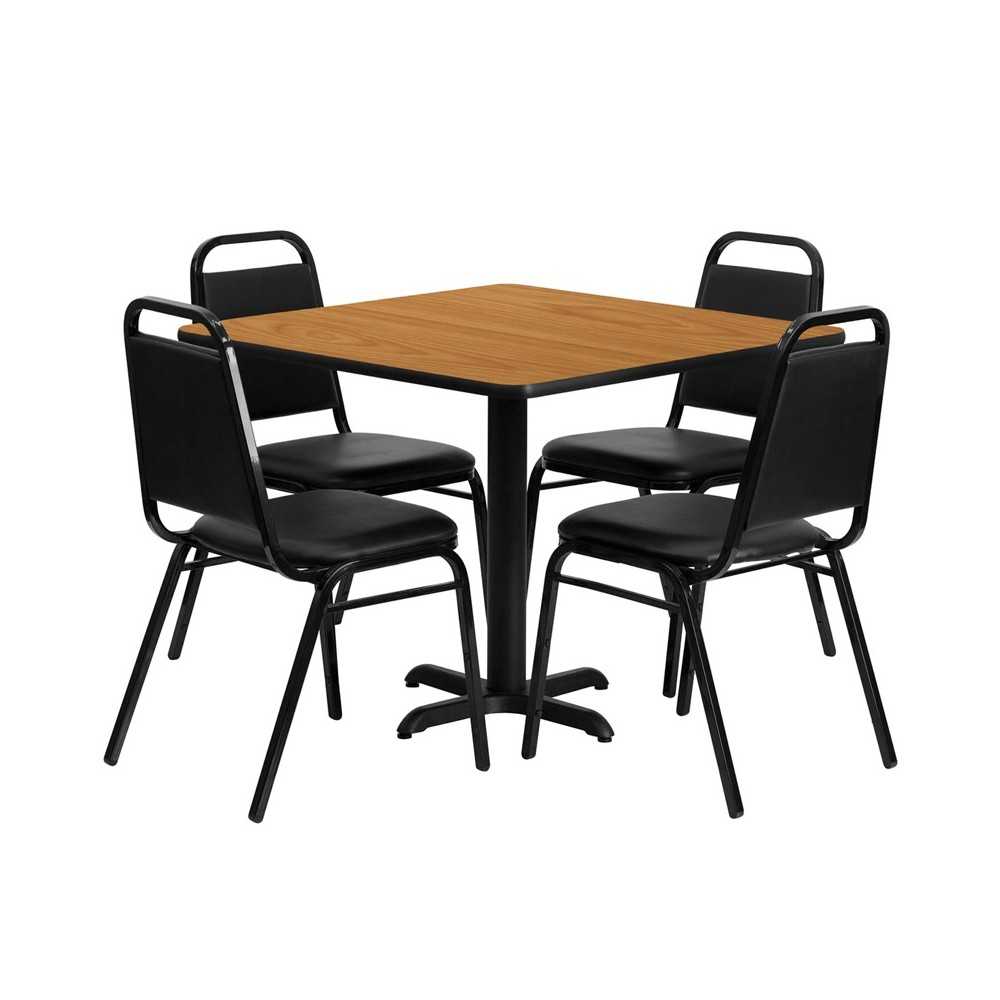 36'' Square Natural Laminate Table Set with X-Base and 4 Black Trapezoidal Back Banquet Chairs 36'' Square Natural Laminate Table Set with X-Base and 4 Black Trapezoidal Back Banquet Chairs