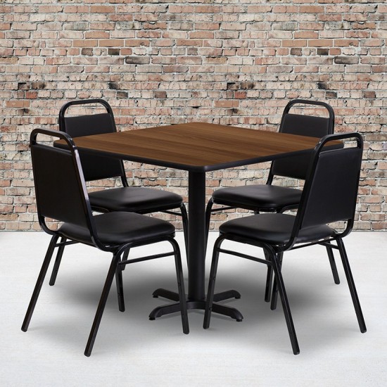 36'' Square Walnut Laminate Table Set with X-Base and 4 Black Trapezoidal Back Banquet Chairs
