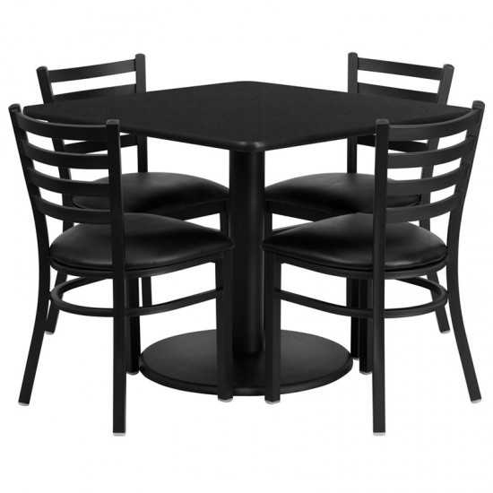 36'' Square Black Laminate Table Set with Round Base and 4 Ladder Back Metal Chairs - Black Vinyl Seat