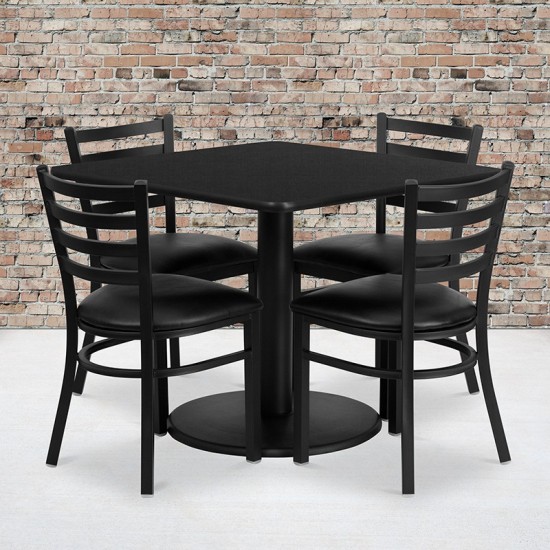 36'' Square Black Laminate Table Set with Round Base and 4 Ladder Back Metal Chairs - Black Vinyl Seat