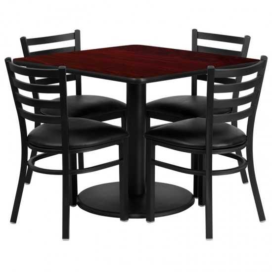 36'' Square Mahogany Laminate Table Set with Round Base and 4 Ladder Back Metal Chairs - Black Vinyl Seat