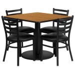 36'' Square Natural Laminate Table Set with Round Base and 4 Ladder Back Metal Chairs - Black Vinyl Seat