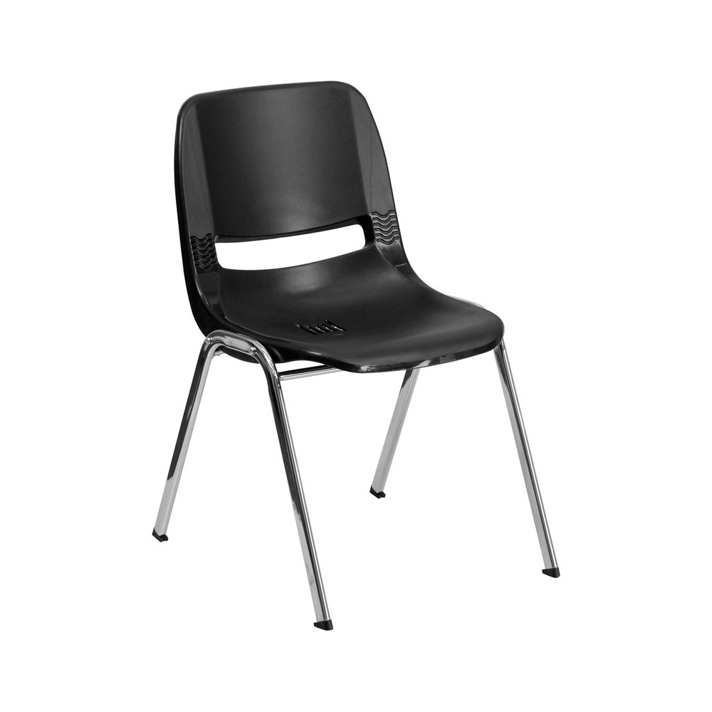 440 lb. Capacity Kid's Black Ergonomic Shell Stack Chair with Chrome Frame and 14" Seat Height