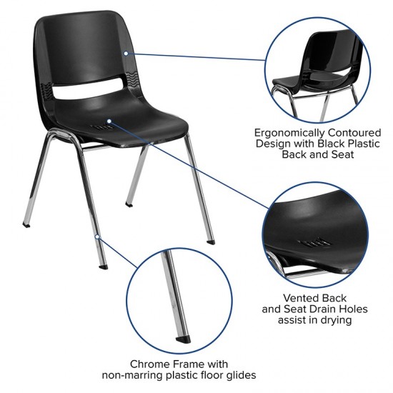 440 lb. Capacity Kid's Black Ergonomic Shell Stack Chair with Chrome Frame and 14" Seat Height