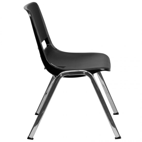 440 lb. Capacity Kid's Black Ergonomic Shell Stack Chair with Chrome Frame and 14" Seat Height