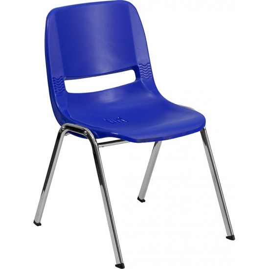 440 lb. Capacity Kid's Navy Ergonomic Shell Stack Chair with Chrome Frame and 14" Seat Height