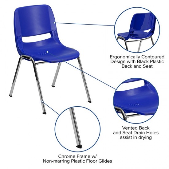 440 lb. Capacity Kid's Navy Ergonomic Shell Stack Chair with Chrome Frame and 14" Seat Height