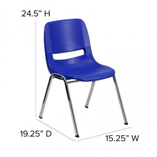 440 lb. Capacity Kid's Navy Ergonomic Shell Stack Chair with Chrome Frame and 14" Seat Height