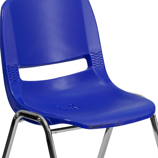 440 lb. Capacity Kid's Navy Ergonomic Shell Stack Chair with Chrome Frame and 14" Seat Height