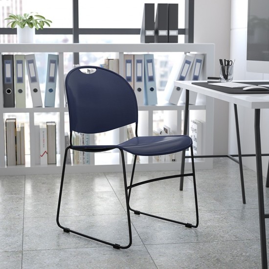 880 lb. Capacity Navy Ultra-Compact Stack Chair with Silver Powder Coated Frame