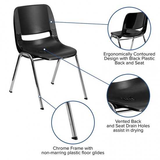 880 lb. Capacity Black Ergonomic Shell Stack Chair with Chrome Frame and 18'' Seat Height