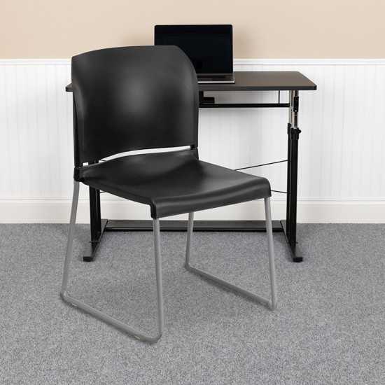 880 lb. Capacity Black Full Back Contoured Stack Chair with Gray Powder Coated Sled Base