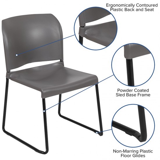 880 lb. Capacity Gray Full Back Contoured Stack Chair with Black Powder Coated Sled Base