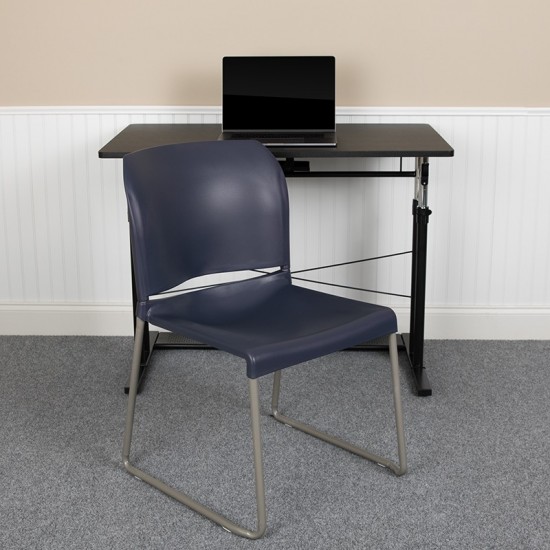 880 lb. Capacity Navy Full Back Contoured Stack Chair with Gray Powder Coated Sled Base