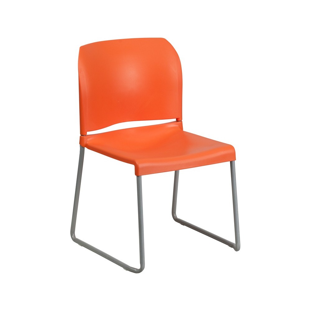 880 lb. Capacity Orange Full Back Contoured Stack Chair with Gray Powder Coated Sled Base