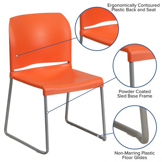 880 lb. Capacity Orange Full Back Contoured Stack Chair with Gray Powder Coated Sled Base