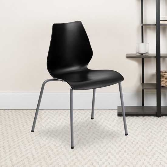 770 lb. Capacity Black Stack Chair with Lumbar Support and Silver Frame