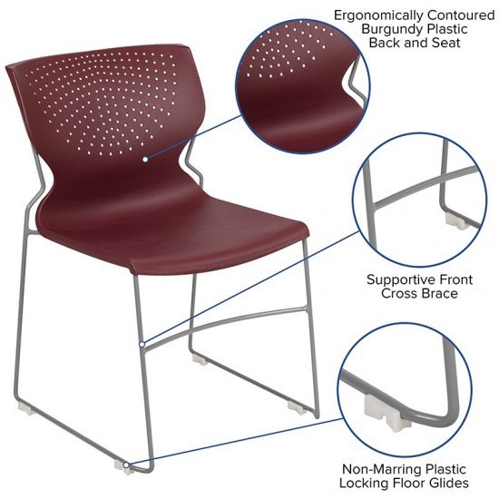 661 lb. Capacity Burgundy Full Back Stack Chair with Gray Powder Coated Frame