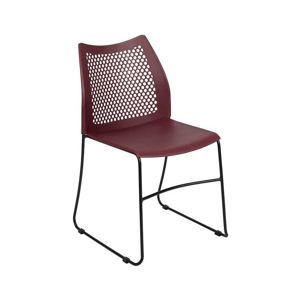 661 lb. Capacity Burgundy Stack Chair with Air-Vent Back and Black Powder Coated Sled Base