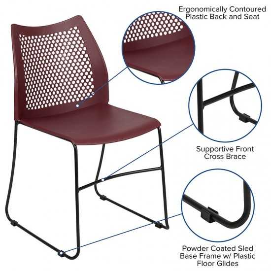 661 lb. Capacity Burgundy Stack Chair with Air-Vent Back and Black Powder Coated Sled Base