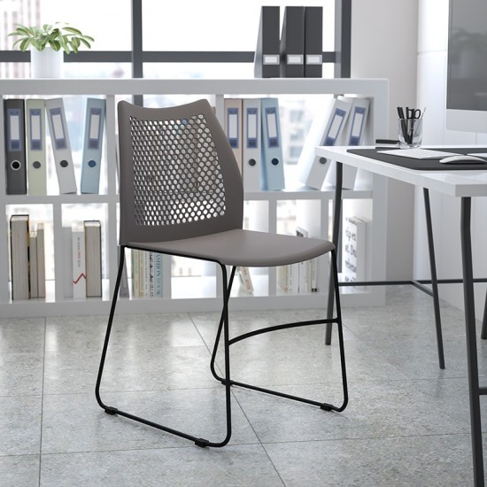 661 lb. Capacity Gray Stack Chair with Air-Vent Back and Black Powder Coated Sled Base