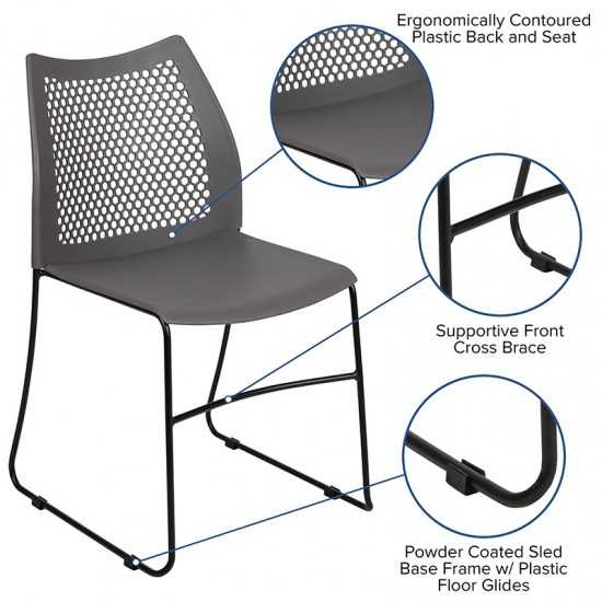 661 lb. Capacity Gray Stack Chair with Air-Vent Back and Black Powder Coated Sled Base