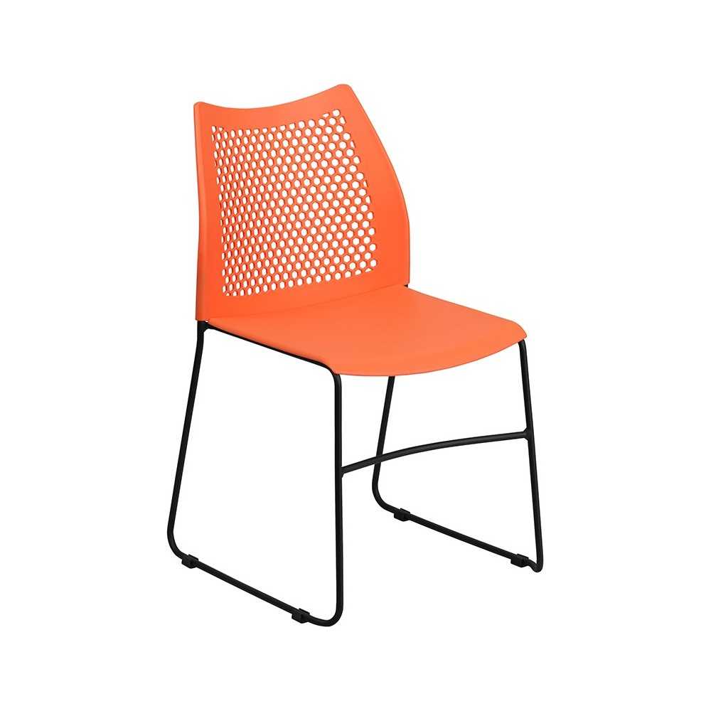 661 lb. Capacity Orange Stack Chair with Air-Vent Back and Black Powder Coated Sled Base