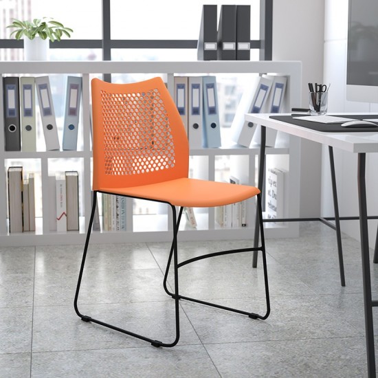 661 lb. Capacity Orange Stack Chair with Air-Vent Back and Black Powder Coated Sled Base