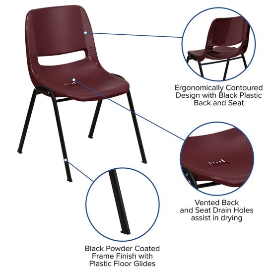 880 lb. Capacity Burgundy Ergonomic Shell Stack Chair with Black Frame