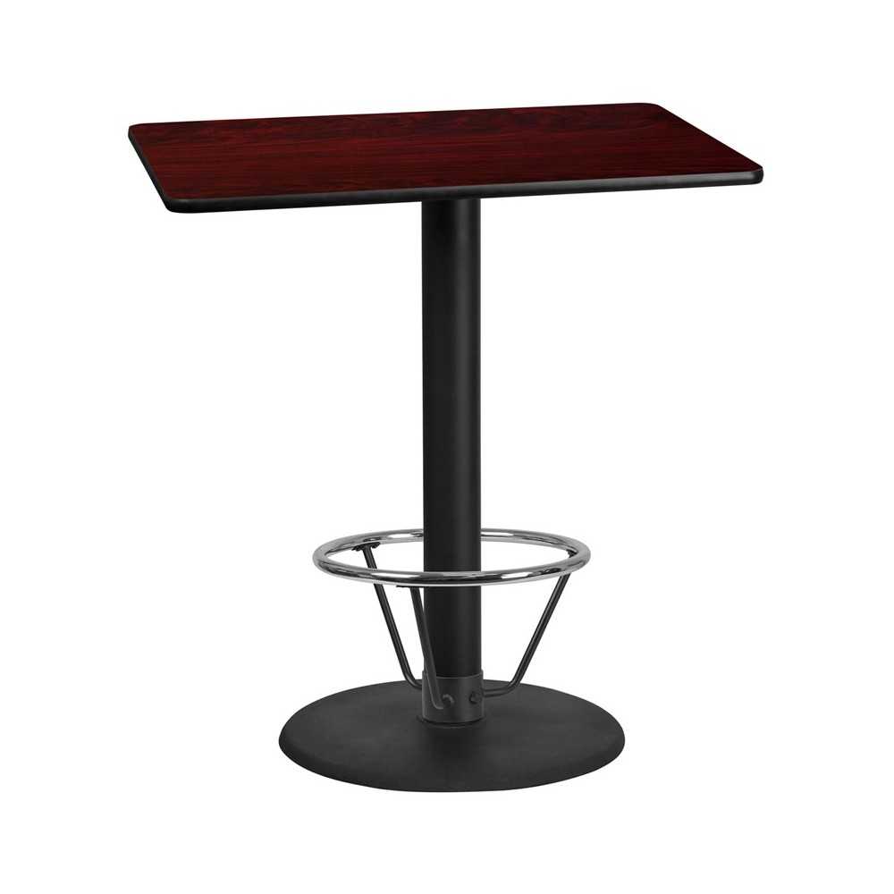 30'' x 42'' Rectangular Mahogany Laminate Table Top with 24'' Round Bar Height Table Base and Foot Ring