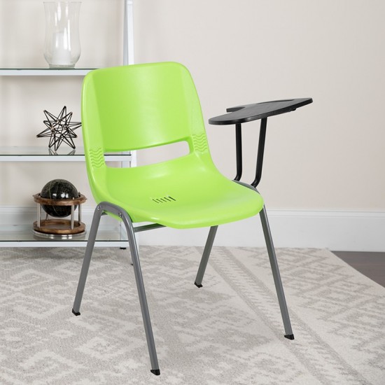 Green Ergonomic Shell Chair with Left Handed Flip-Up Tablet Arm