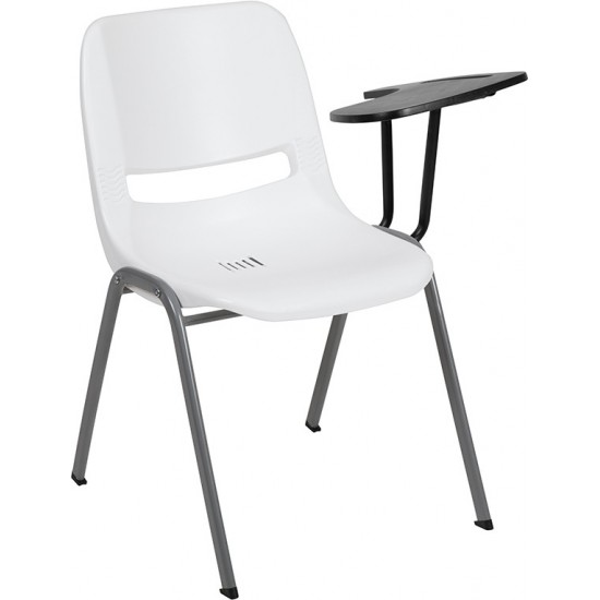 White Ergonomic Shell Chair with Left Handed Flip-Up Tablet Arm