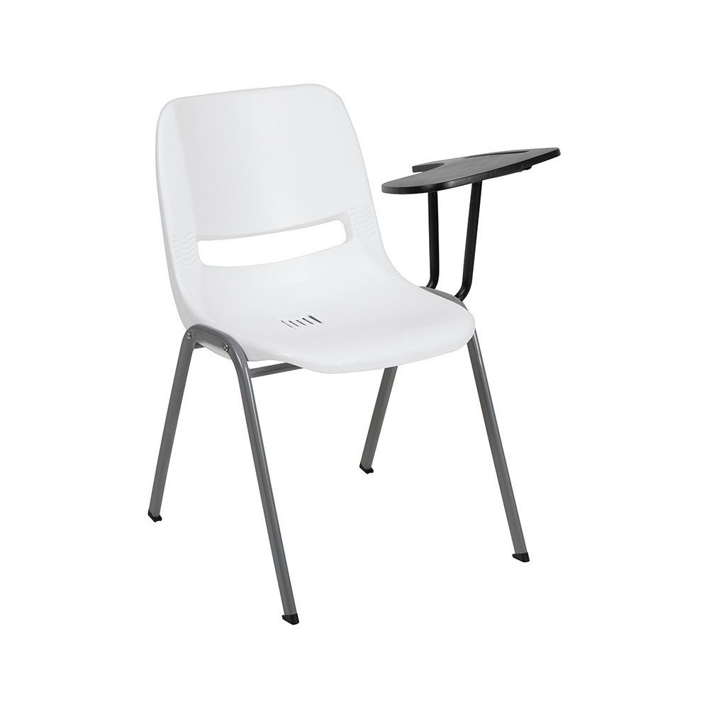 White Ergonomic Shell Chair with Left Handed Flip-Up Tablet Arm