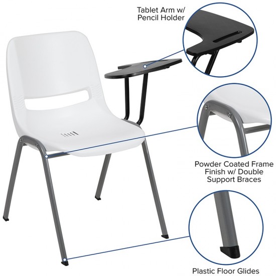 White Ergonomic Shell Chair with Left Handed Flip-Up Tablet Arm